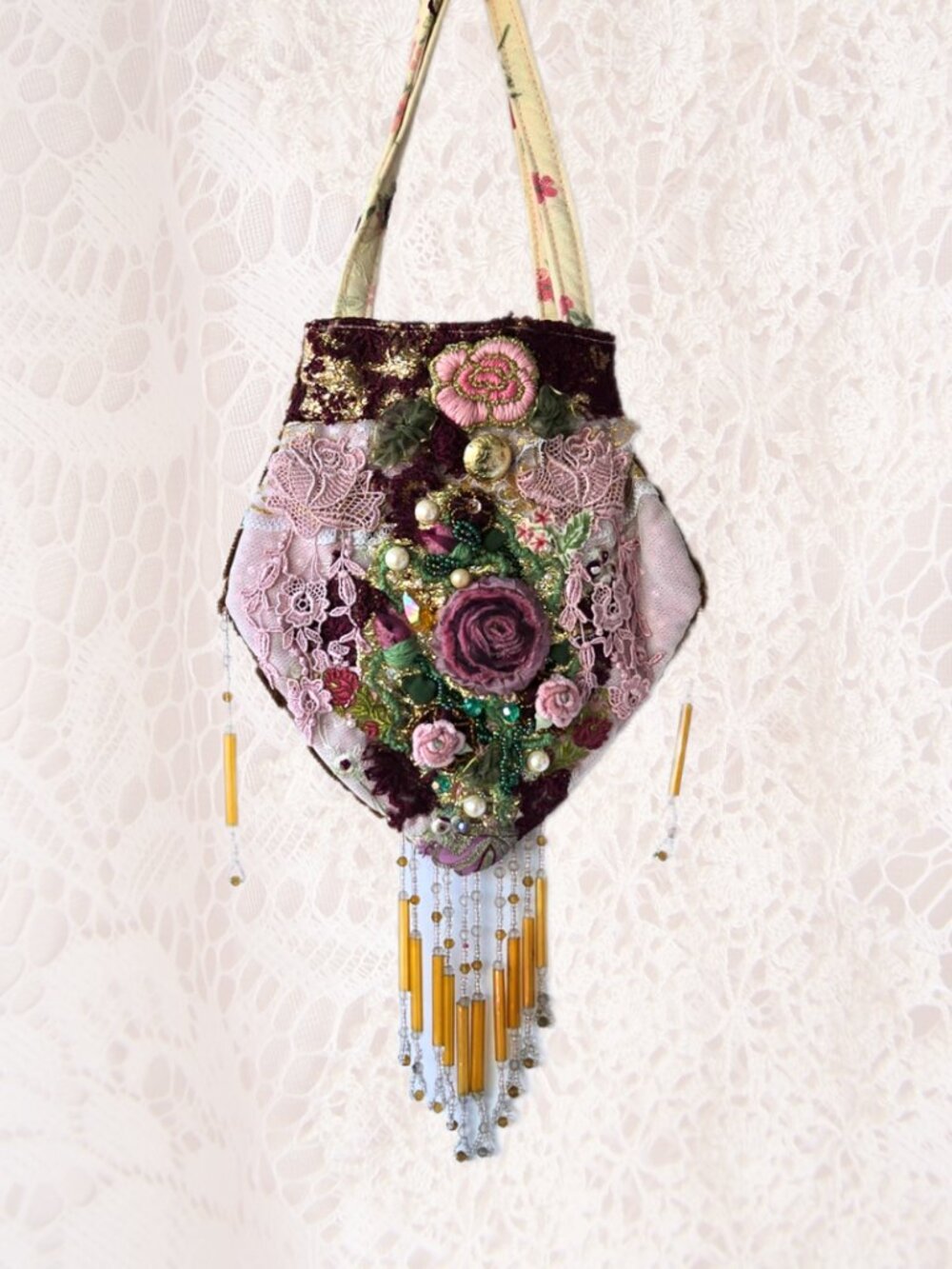 Handmade Rose Embroidered and Velvet Bag 1920s Style Boho Elegance